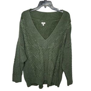 Aerie Green Cable Knit Chunky V Neck Pullover Sweater